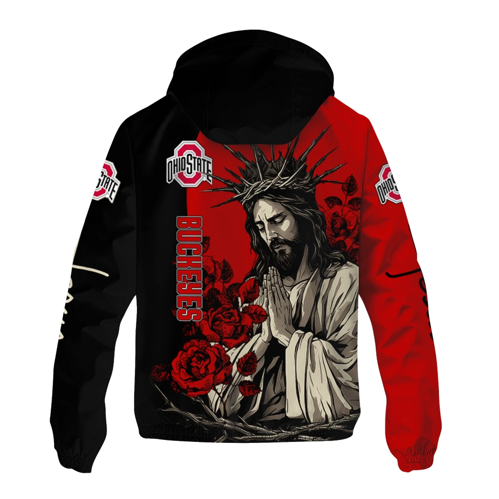 ohio state buckeyes jesus roses scarlet black windbreaker jacket fashion forward ohio state buckeyes jesus roses scarlet black windbreaker jacket fashion forward