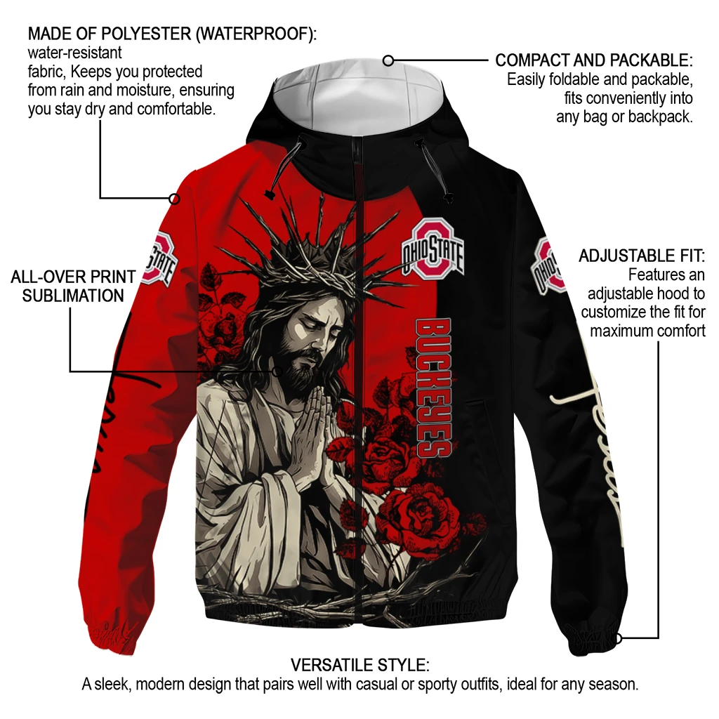 ohio state buckeyes jesus roses scarlet black windbreaker jacket new arrival ohio state buckeyes jesus roses scarlet black windbreaker jacket new arrival