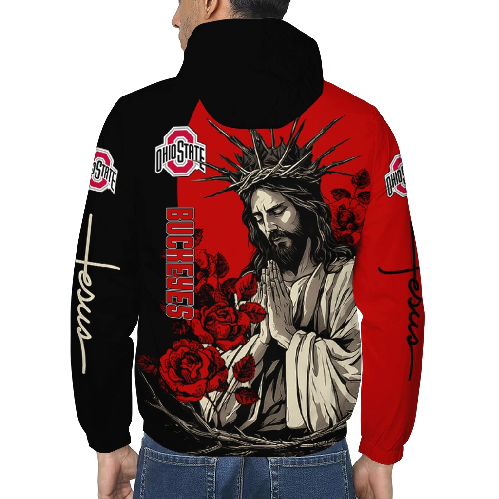 ohio state buckeyes jesus roses scarlet black windbreaker jacket trendy ohio state buckeyes jesus roses scarlet black windbreaker jacket trendy