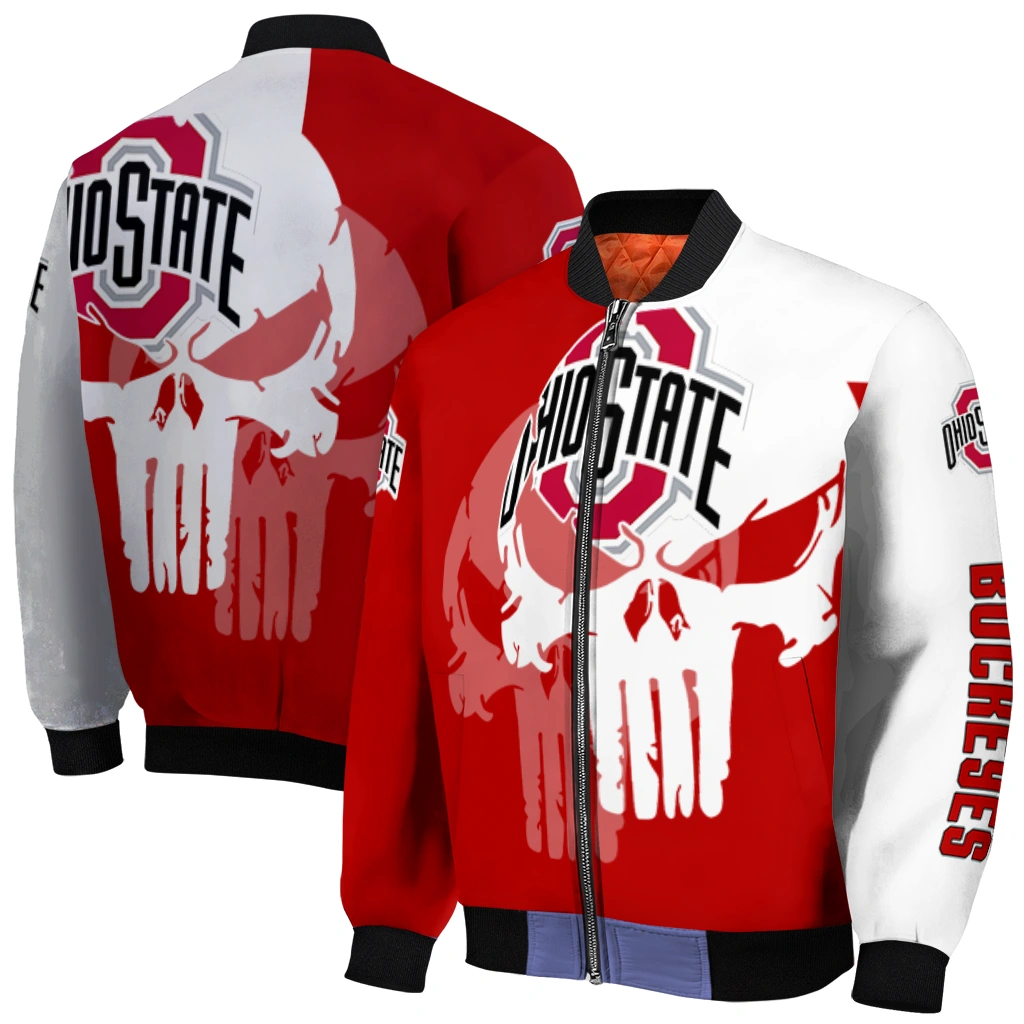 ohio state buckeyes skull outline scarlet white bomber jacket best selling ohio state buckeyes skull outline scarlet white bomber jacket best selling