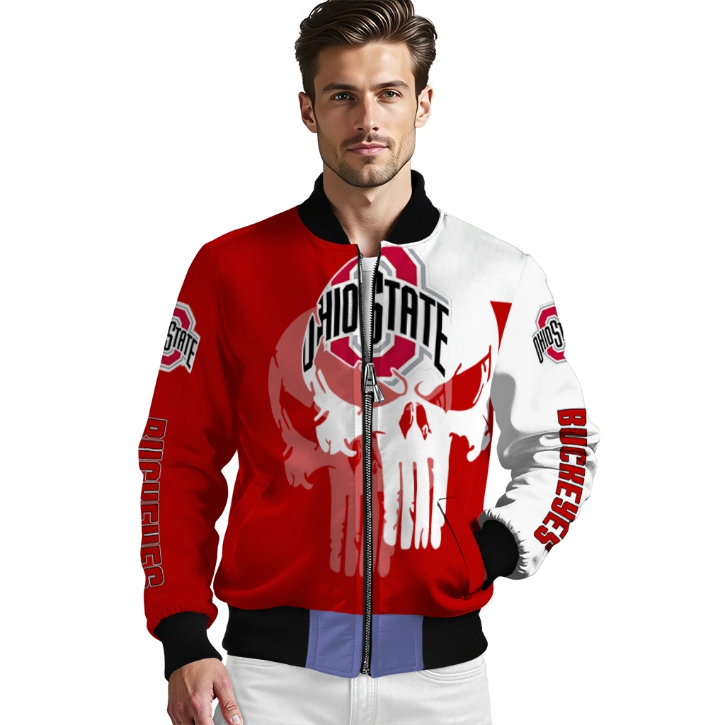 ohio state buckeyes skull outline scarlet white bomber jacket high quality ohio state buckeyes skull outline scarlet white bomber jacket high quality