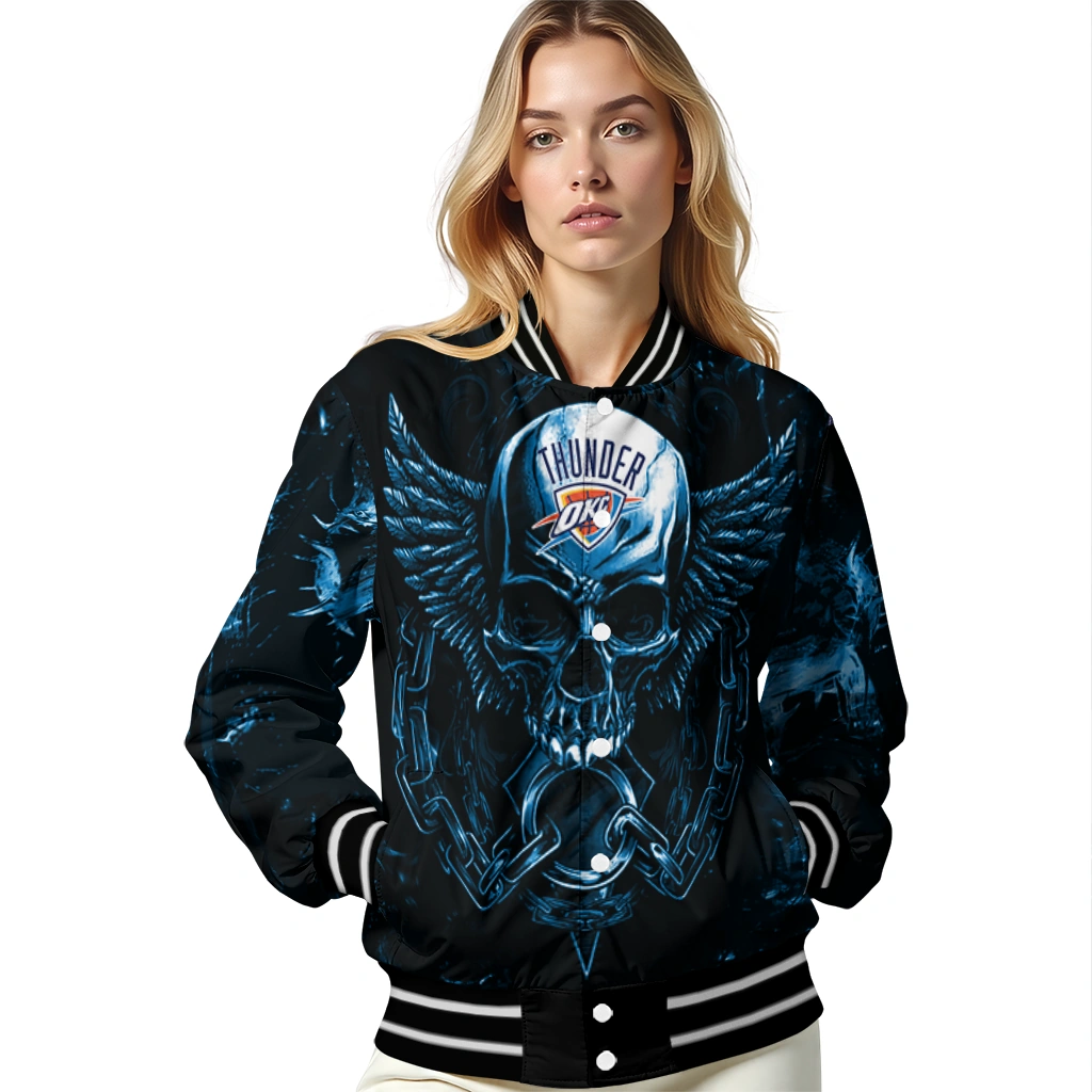 oklahoma city thunder skull bite blue black varsity jacket latest model oklahoma city thunder skull bite blue black varsity jacket latest model