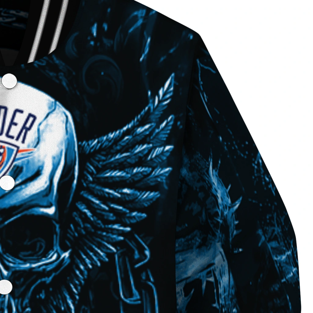 oklahoma city thunder skull bite blue black varsity jacket premium grade oklahoma city thunder skull bite blue black varsity jacket premium grade