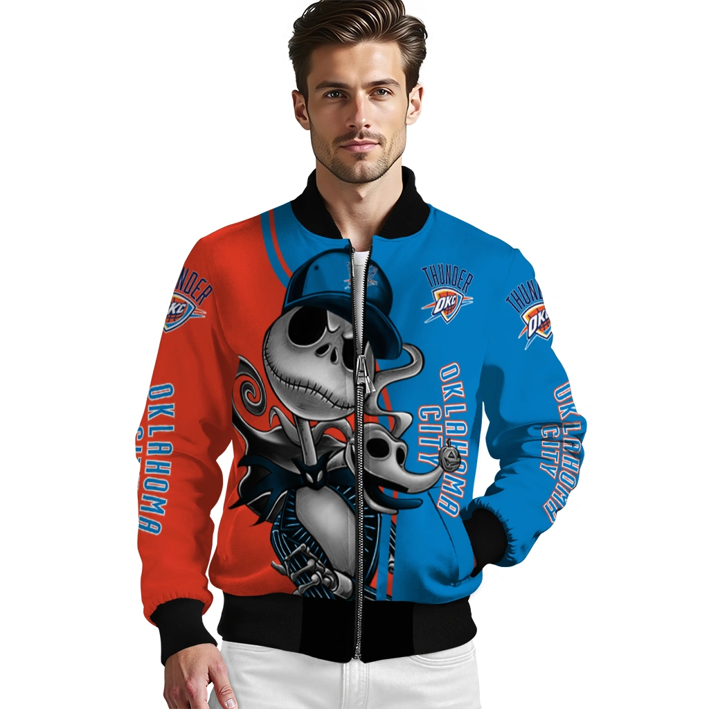 oklahoma city thunder spooky grin blue bomber jacket high quality oklahoma city thunder spooky grin blue bomber jacket high quality