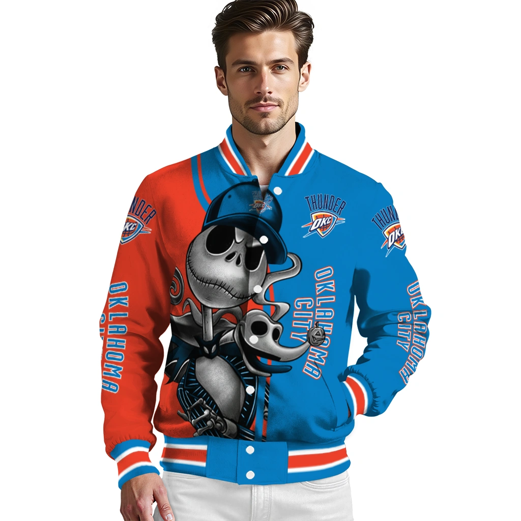 oklahoma city thunder spooky grin blue varsity jacket high quality oklahoma city thunder spooky grin blue varsity jacket high quality
