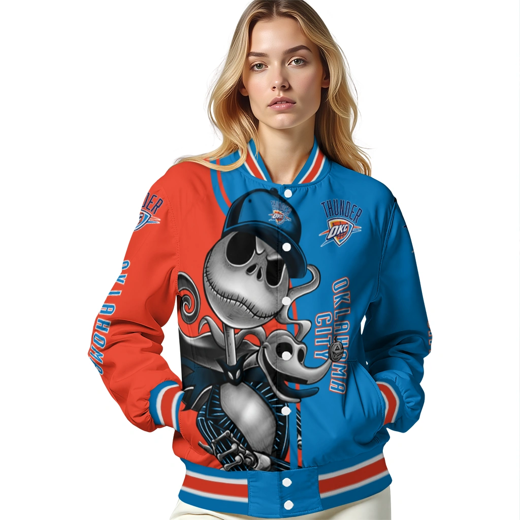 oklahoma city thunder spooky grin blue varsity jacket latest model oklahoma city thunder spooky grin blue varsity jacket latest model