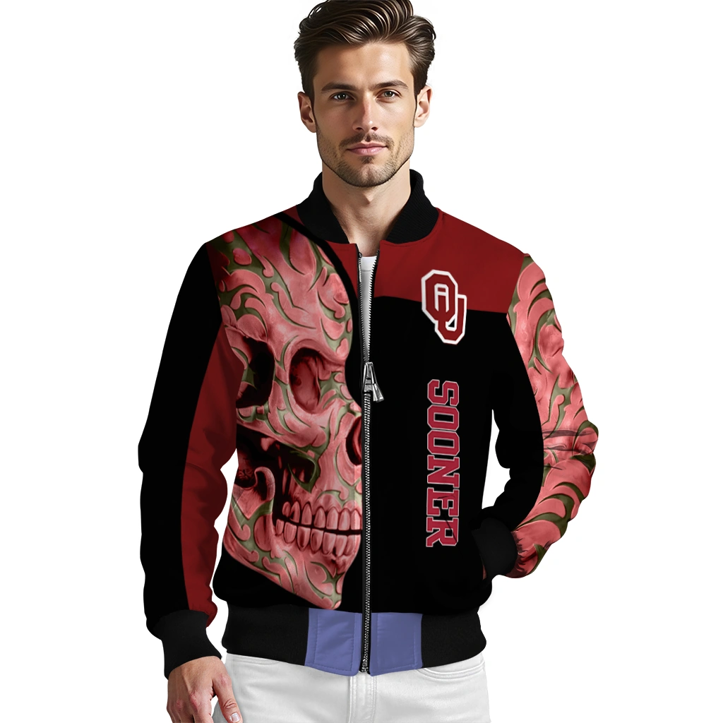oklahoma sooners fire skull crimson black bomber jacket high quality oklahoma sooners fire skull crimson black bomber jacket high quality