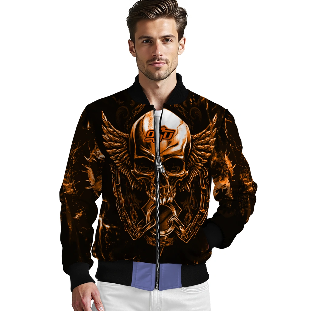 oklahoma state cowboys skull bite orange black bomber jacket high quality oklahoma state cowboys skull bite orange black bomber jacket high quality