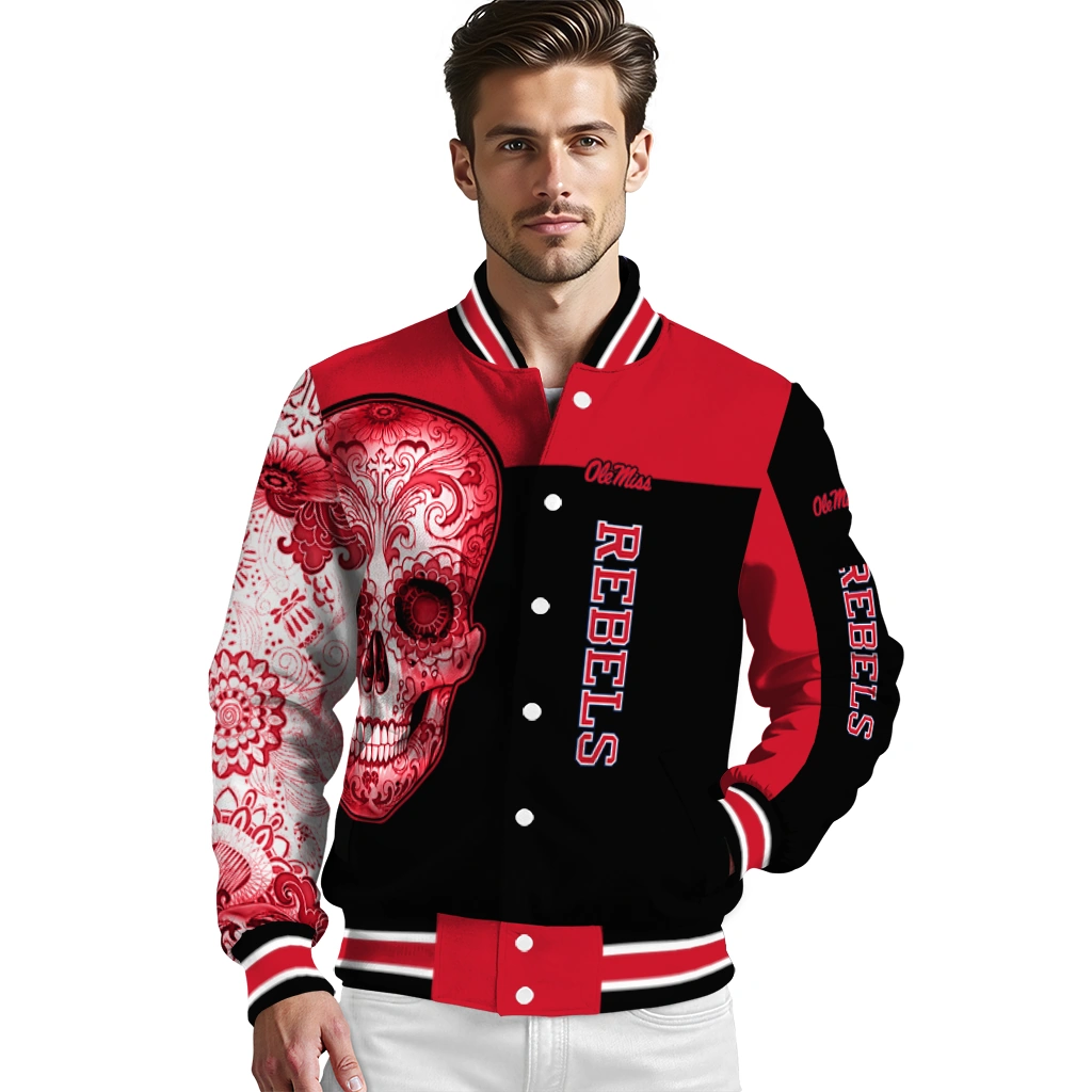 ole miss rebels intricate skull red black varsity jacket high quality ole miss rebels intricate skull red black varsity jacket high quality