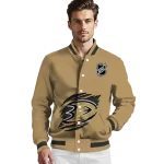 personalized anaheim ducks claw burst beige varsity jacket best selling