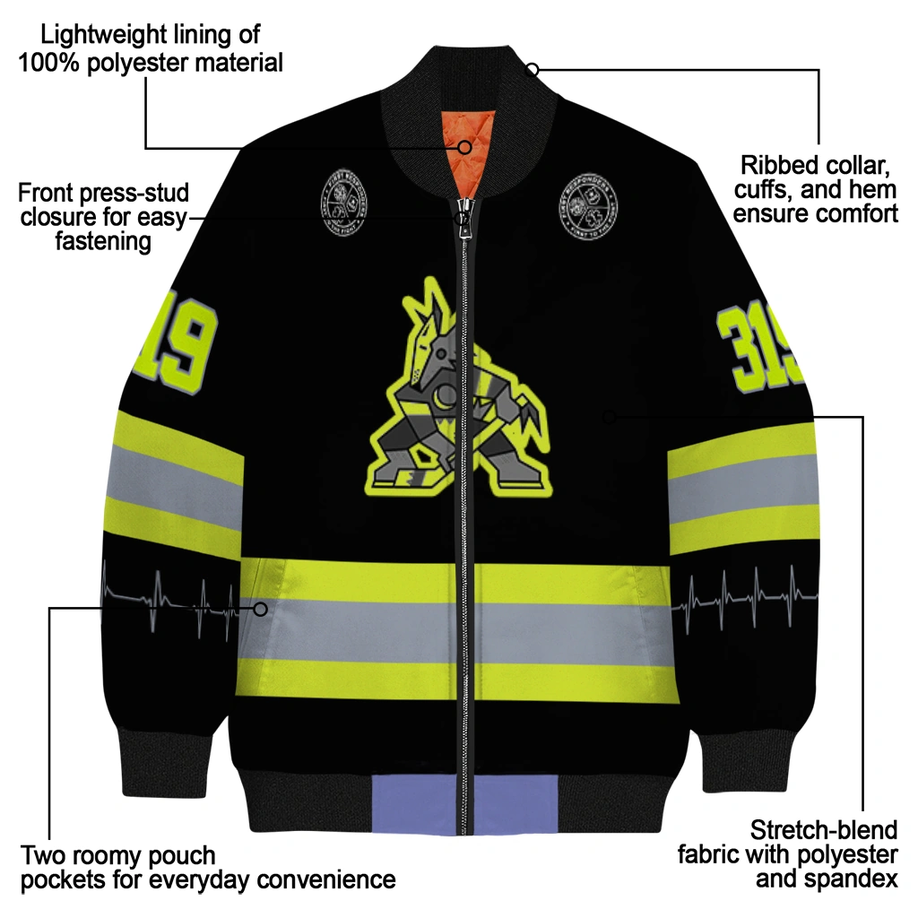 personalized arizona coyotes heartbeat accent black green bomber jacket new arrival personalized arizona coyotes heartbeat accent black green bomber jacket new arrival