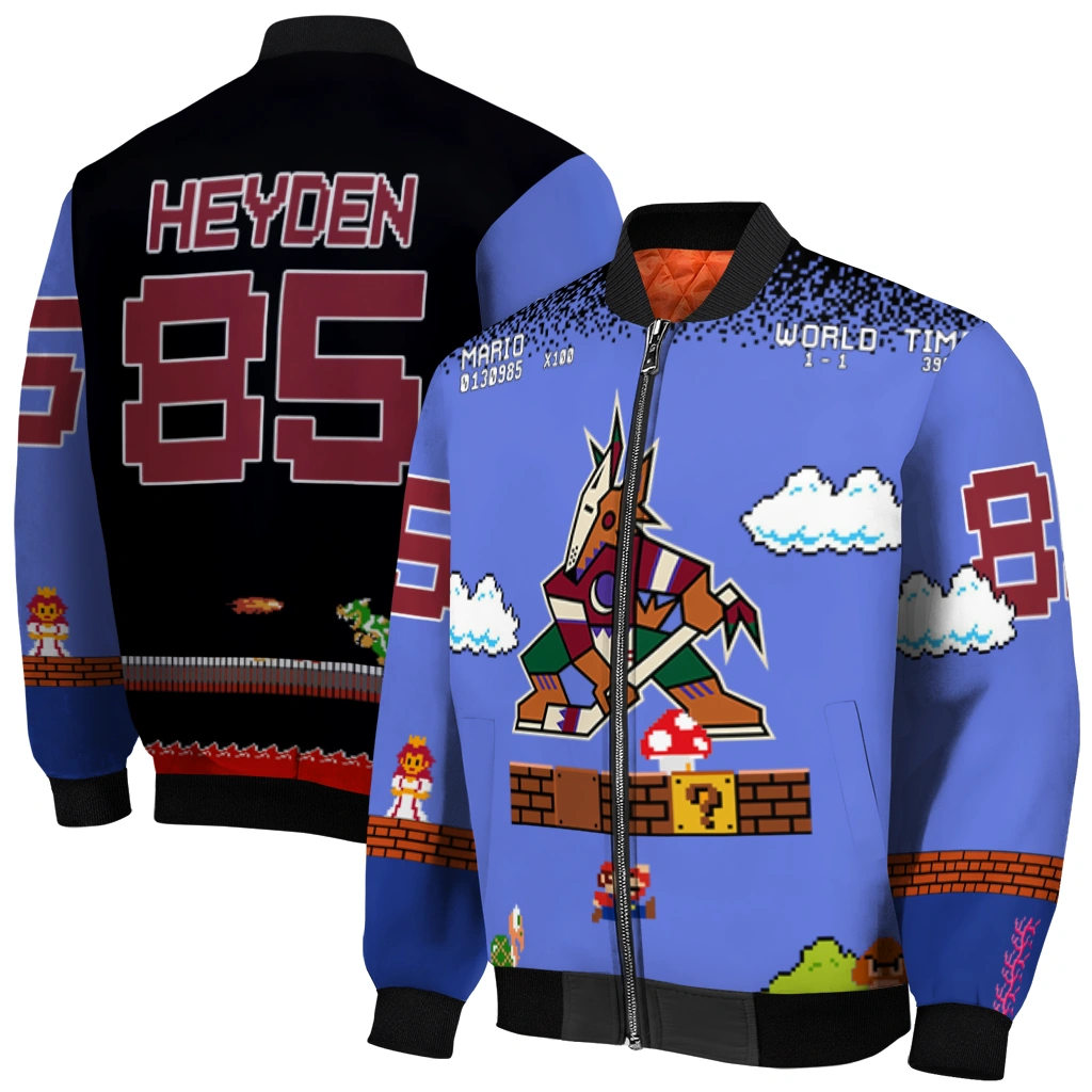personalized arizona coyotes mario blocks blue black bomber jacket best selling personalized arizona coyotes mario blocks blue black bomber jacket best selling