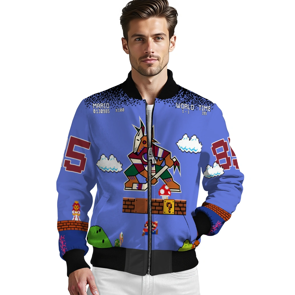 personalized arizona coyotes mario blocks blue black bomber jacket high quality personalized arizona coyotes mario blocks blue black bomber jacket high quality