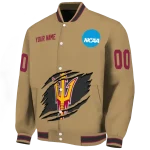 personalized arizona state sun devils claw effect beige varsity jacket best selling