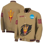 personalized arizona state sun devils claw effect beige varsity jacket best selling