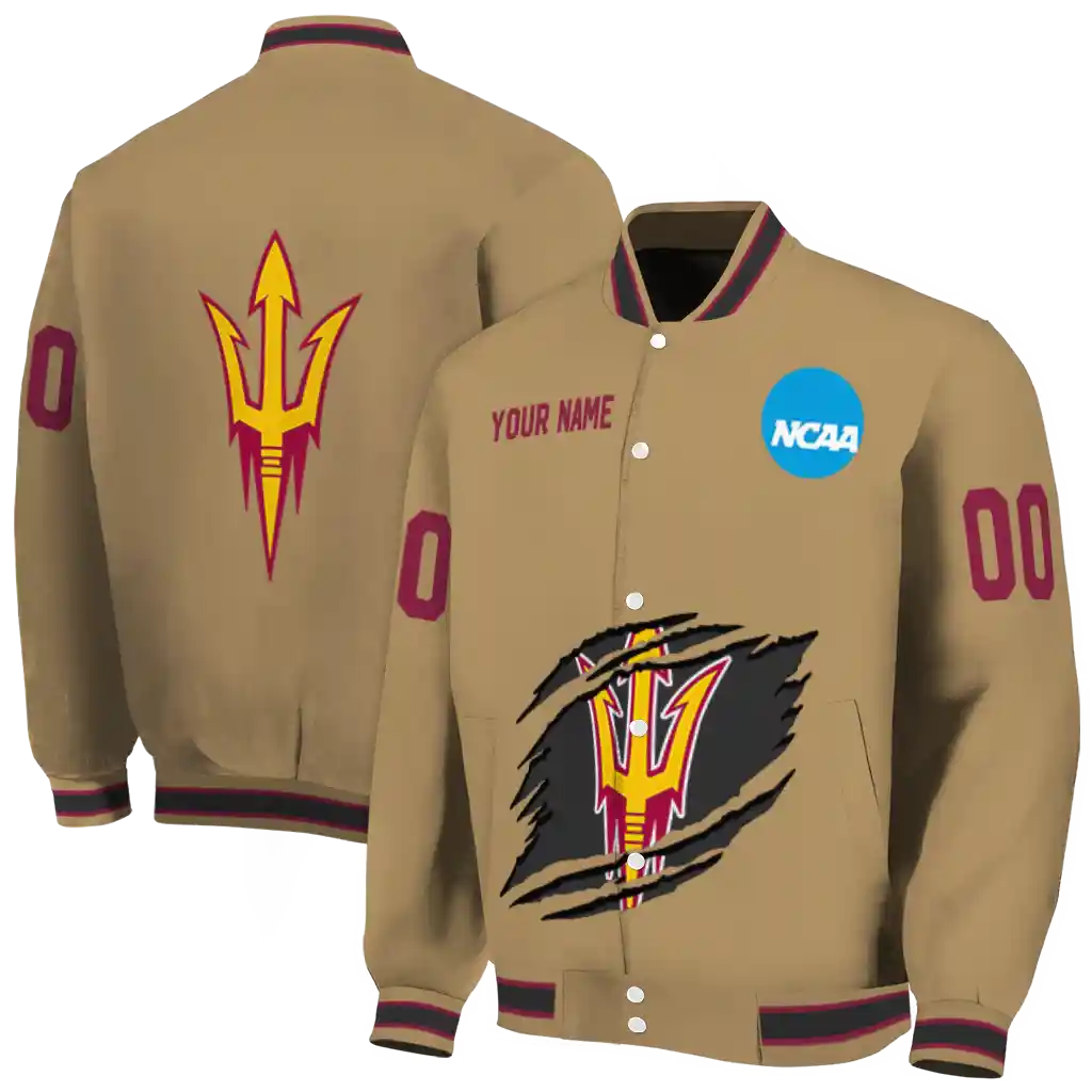personalized arizona state sun devils claw effect beige varsity jacket fashion forward personalized arizona state sun devils claw effect beige varsity jacket fashion forward