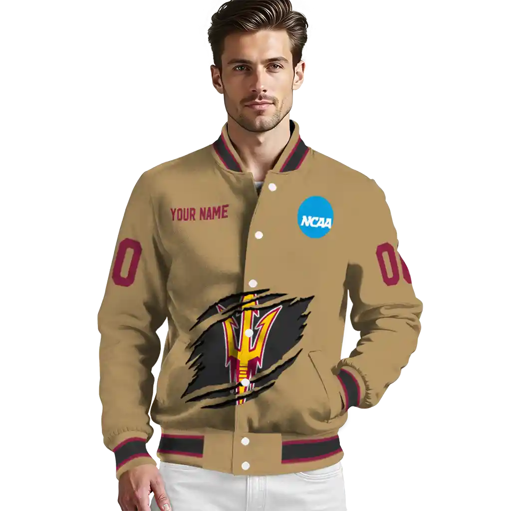 personalized arizona state sun devils claw effect beige varsity jacket high quality personalized arizona state sun devils claw effect beige varsity jacket high quality