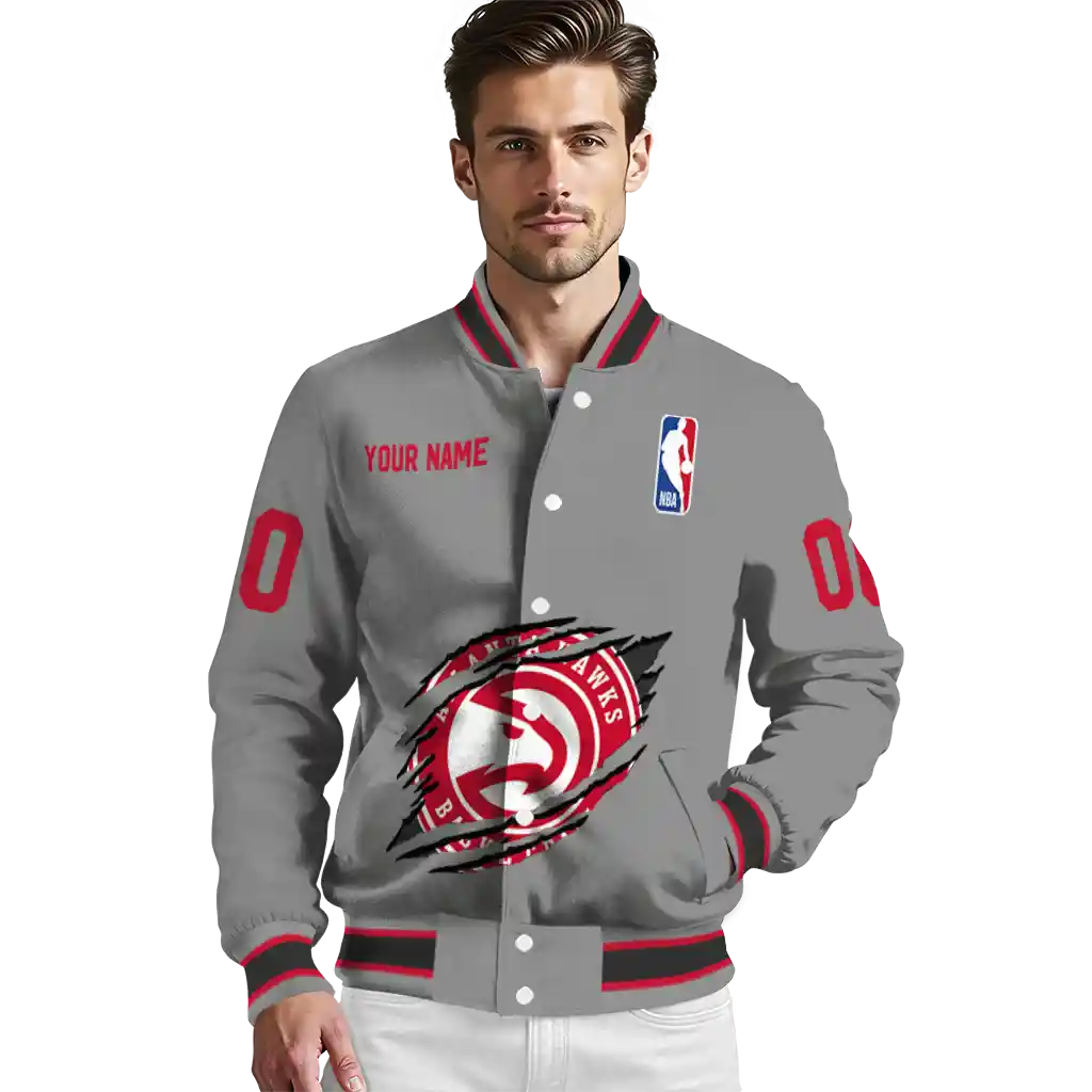 personalized atlanta hawks claw accent grey varsity jacket high quality personalized atlanta hawks claw accent grey varsity jacket high quality