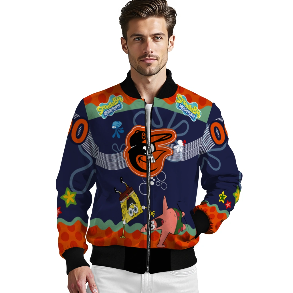 personalized baltimore orioles spongebob playtime orange blue bomber jacket high quality personalized baltimore orioles spongebob playtime orange blue bomber jacket high quality