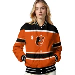 personalized baltimore orioles stripe statement orange black varsity jacket best selling