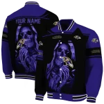 personalized baltimore ravens reaper hands purple black varsity jacket best selling