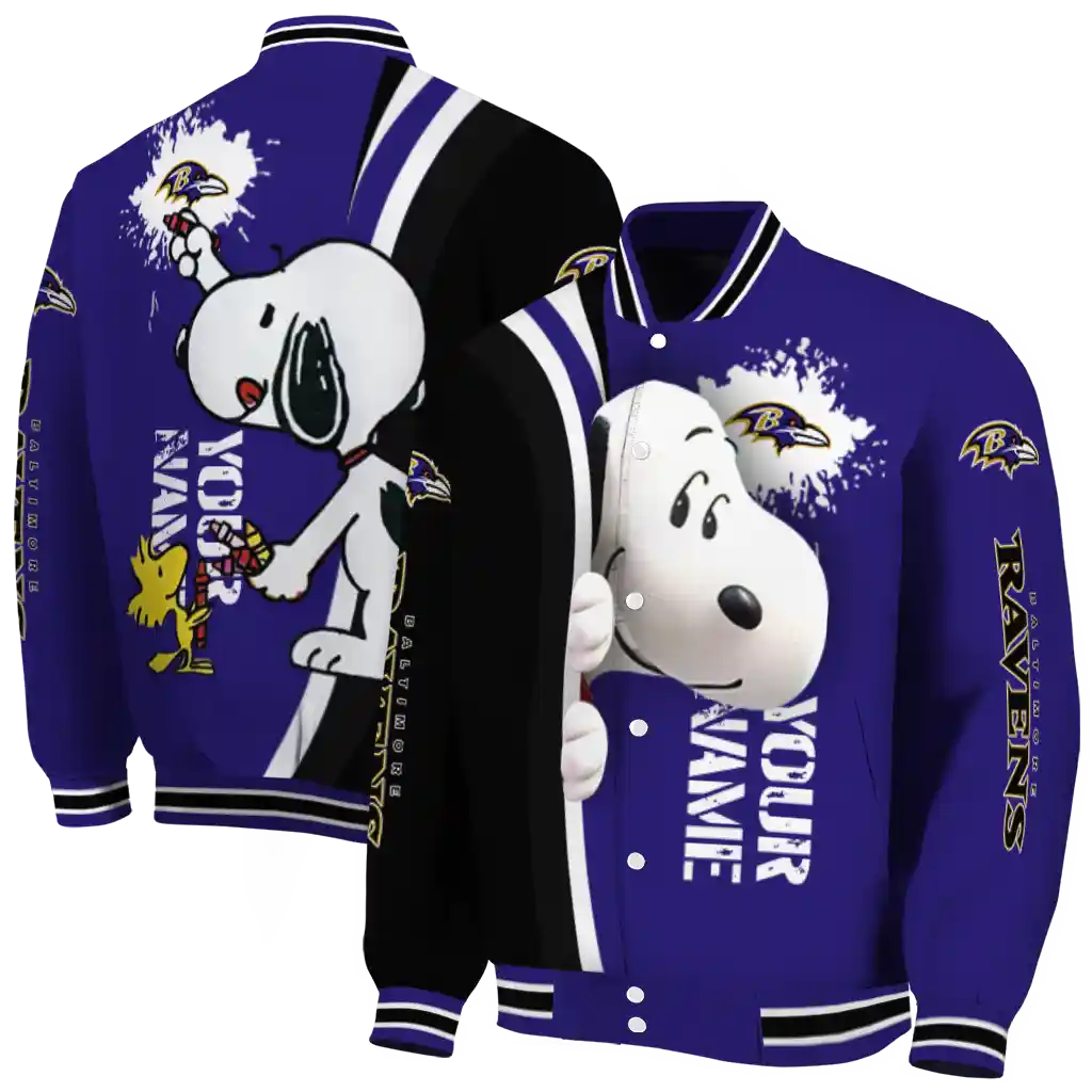 personalized baltimore ravens snoopy head purple varsity jacket fashion forward personalized baltimore ravens snoopy head purple varsity jacket fashion forward