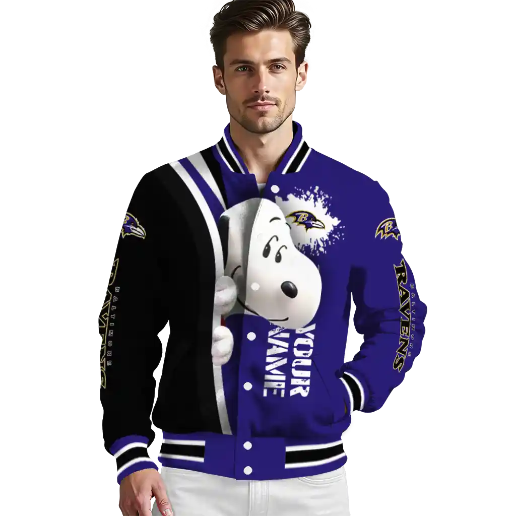 personalized baltimore ravens snoopy head purple varsity jacket high quality personalized baltimore ravens snoopy head purple varsity jacket high quality