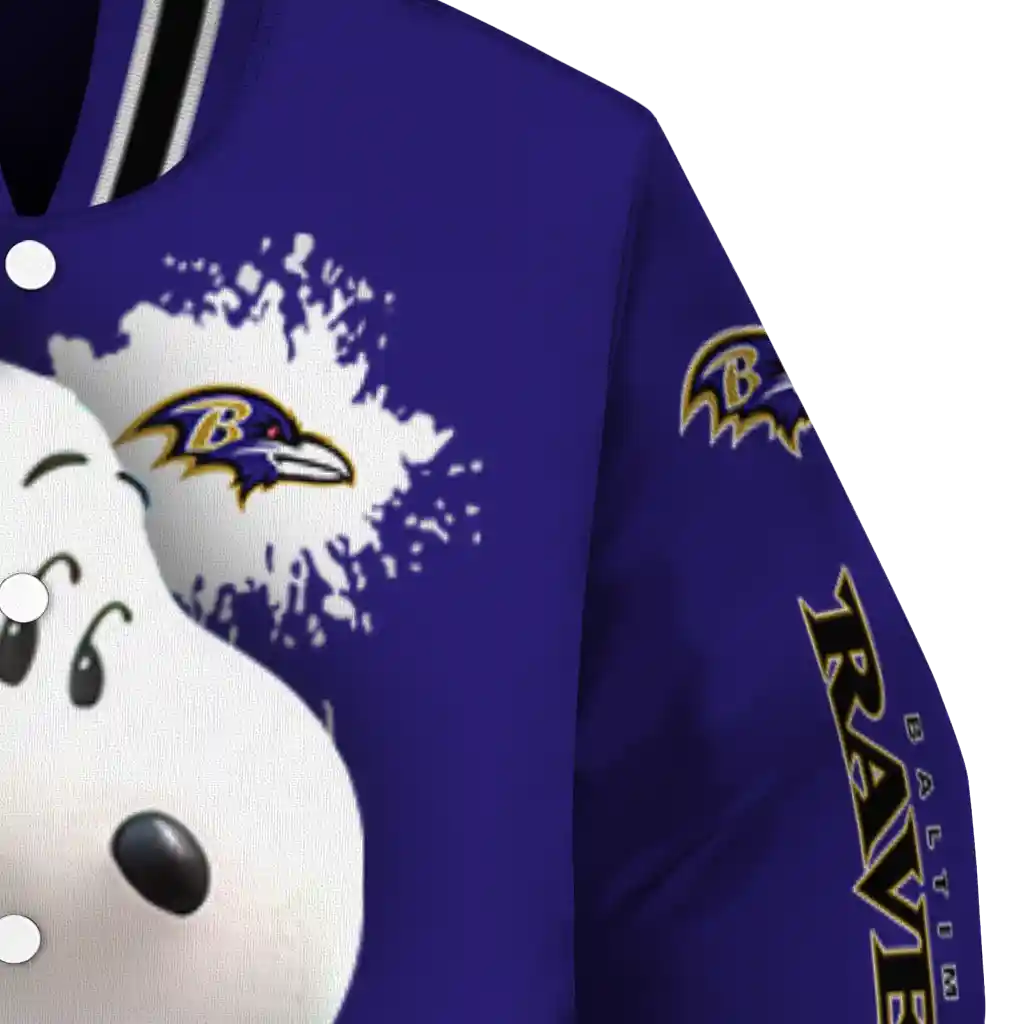 personalized baltimore ravens snoopy head purple varsity jacket premium grade personalized baltimore ravens snoopy head purple varsity jacket premium grade