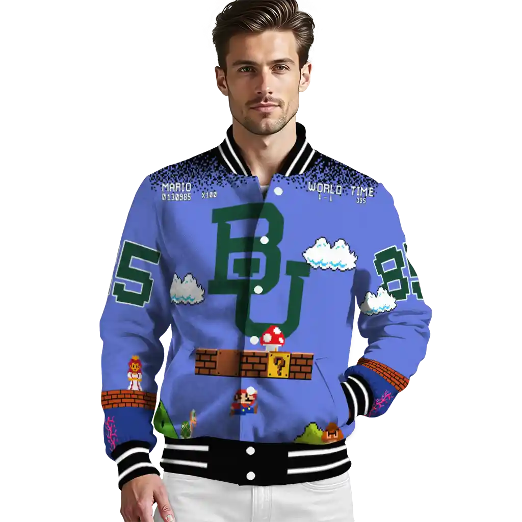 personalized baylor bears mario blocks blue black varsity jacket high quality personalized baylor bears mario blocks blue black varsity jacket high quality