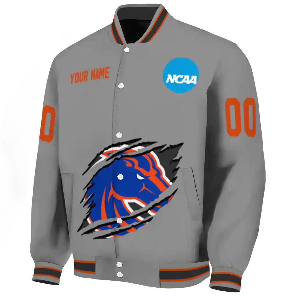 personalized boise state broncos feral slash grey varsity jacket best selling personalized boise state broncos feral slash grey varsity jacket best selling