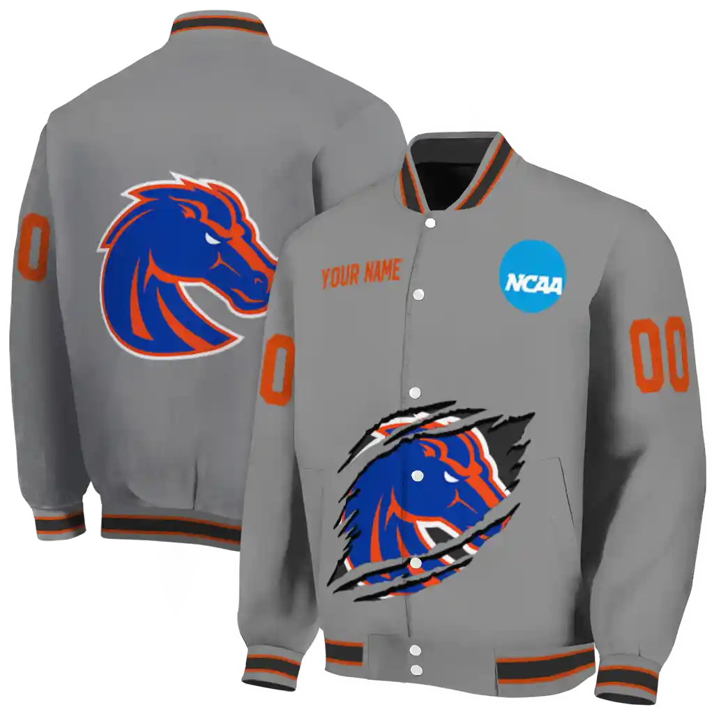 personalized boise state broncos feral slash grey varsity jacket fashion forward personalized boise state broncos feral slash grey varsity jacket fashion forward