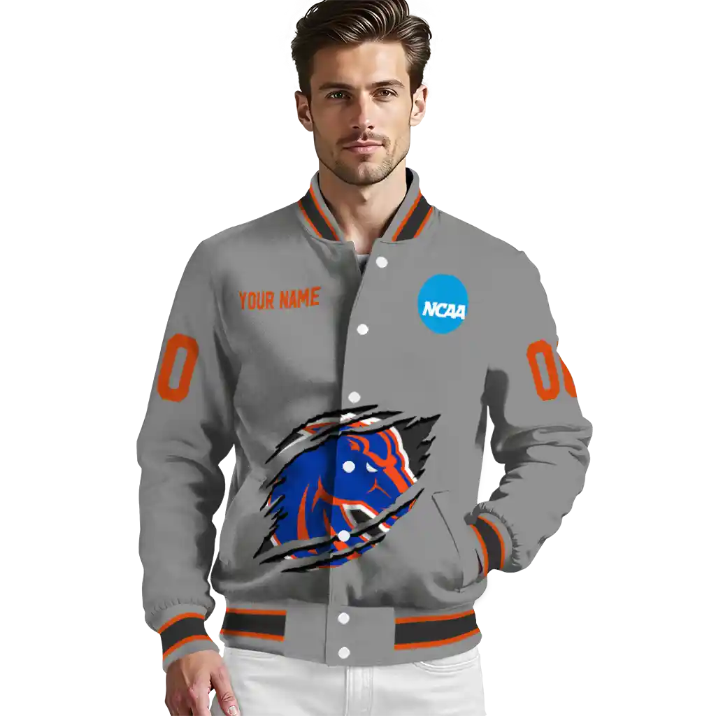 personalized boise state broncos feral slash grey varsity jacket high quality personalized boise state broncos feral slash grey varsity jacket high quality