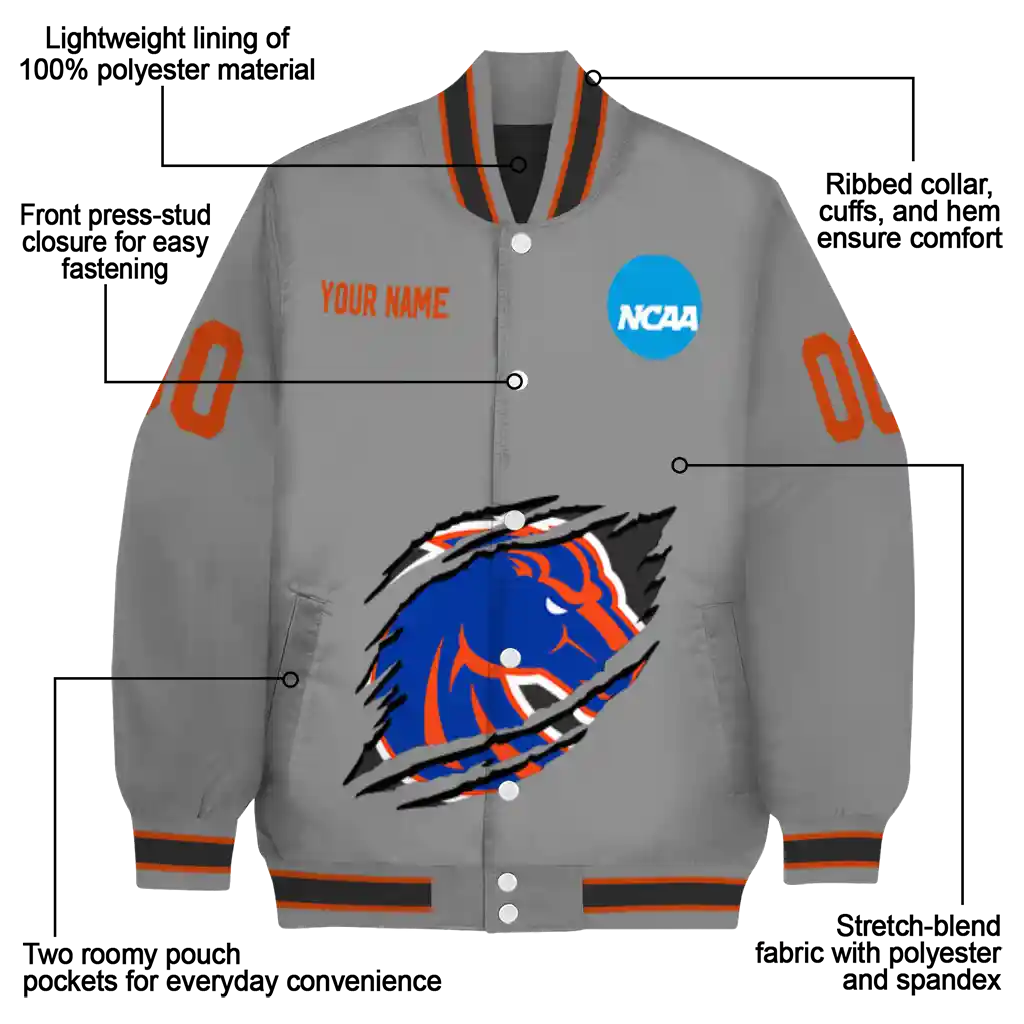 personalized boise state broncos feral slash grey varsity jacket new arrival personalized boise state broncos feral slash grey varsity jacket new arrival