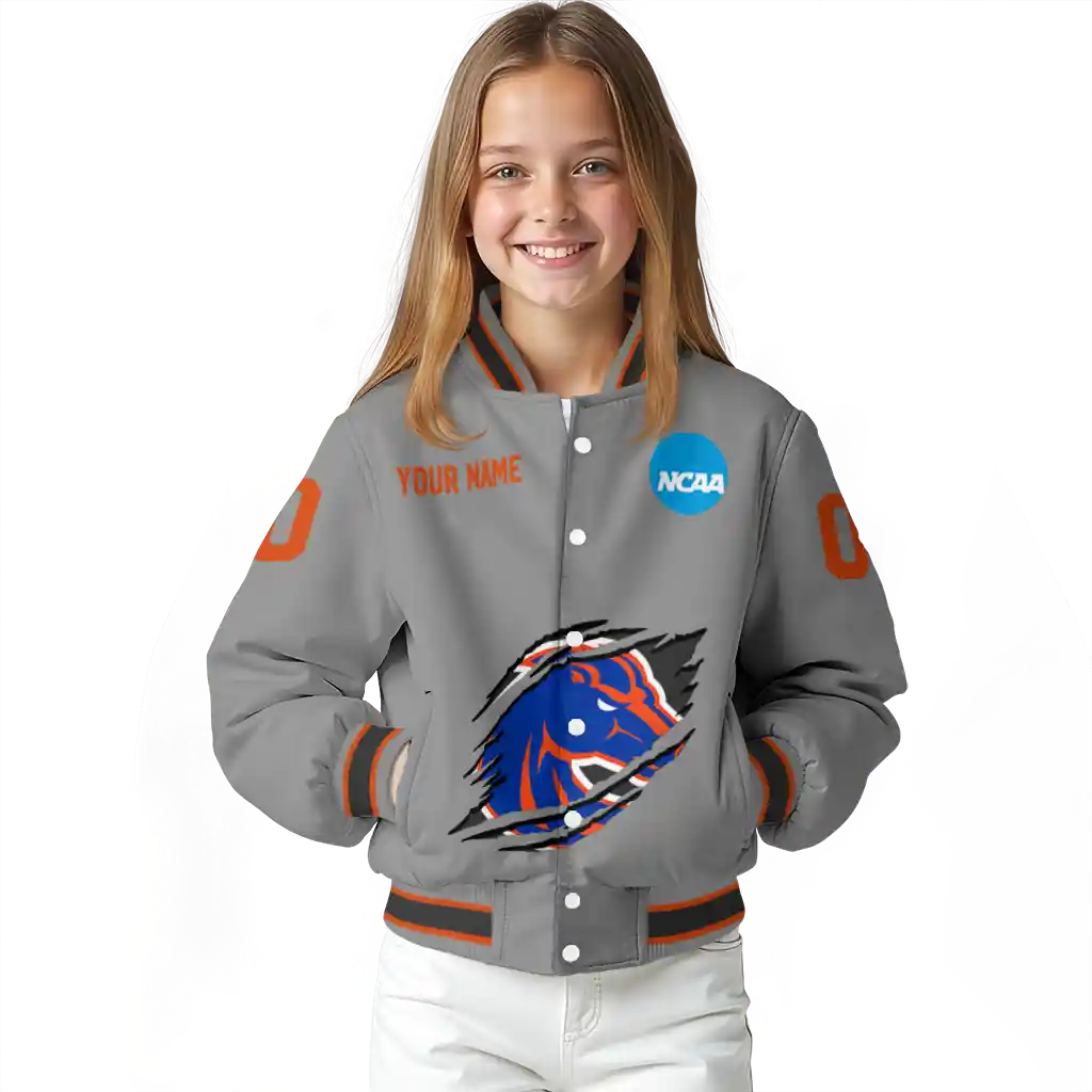 personalized boise state broncos feral slash grey varsity jacket top rated personalized boise state broncos feral slash grey varsity jacket top rated