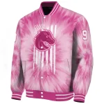 personalized boise state broncos pink tie dye pink varsity jacket best selling