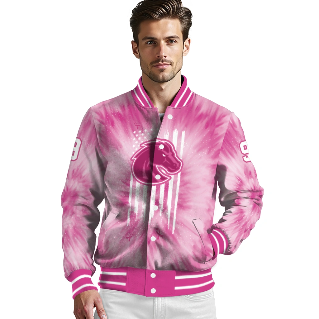 personalized boise state broncos pink tie dye pink varsity jacket high quality personalized boise state broncos pink tie dye pink varsity jacket high quality