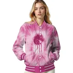 personalized boise state broncos pink tie dye pink varsity jacket best selling