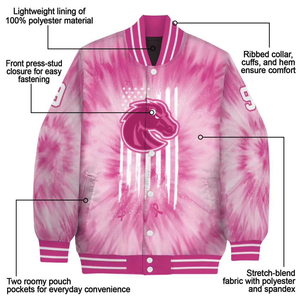 personalized boise state broncos pink tie dye pink varsity jacket new arrival personalized boise state broncos pink tie dye pink varsity jacket new arrival