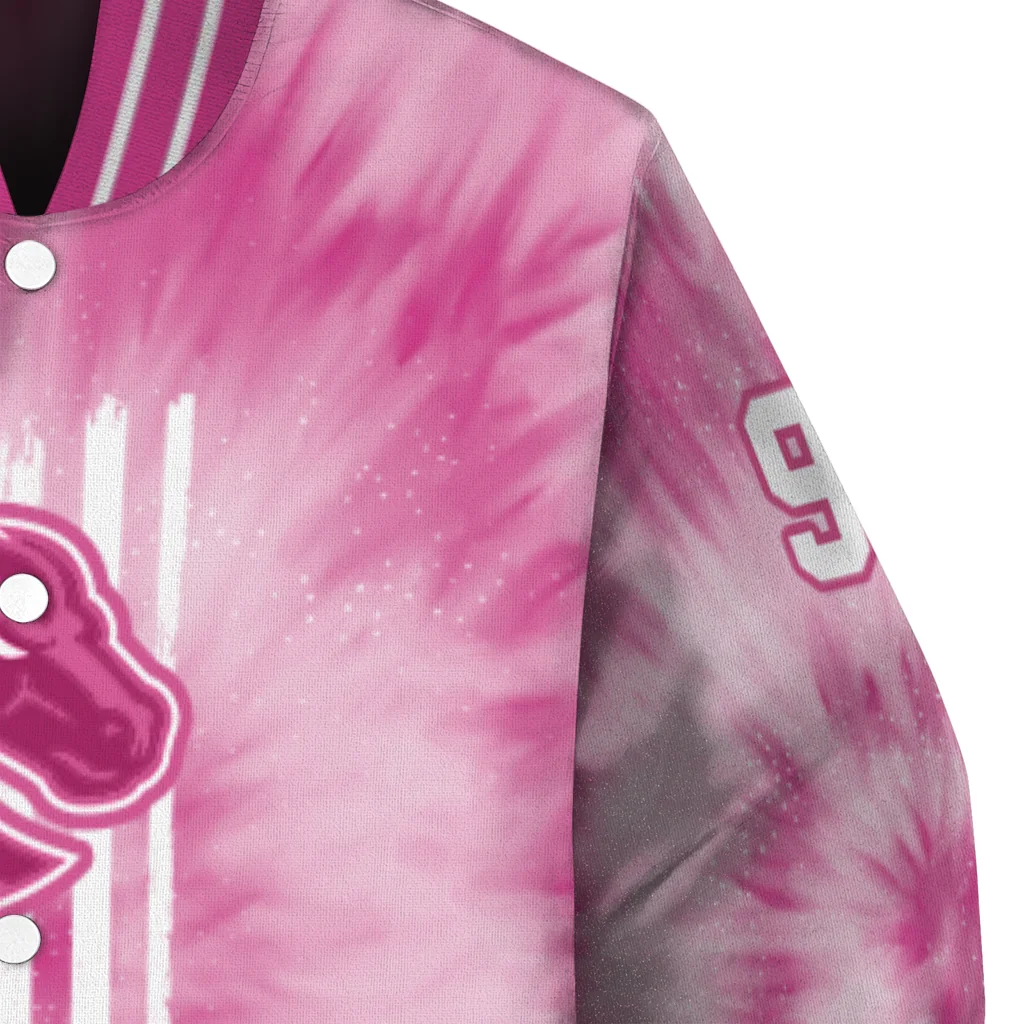 personalized boise state broncos pink tie dye pink varsity jacket premium grade personalized boise state broncos pink tie dye pink varsity jacket premium grade