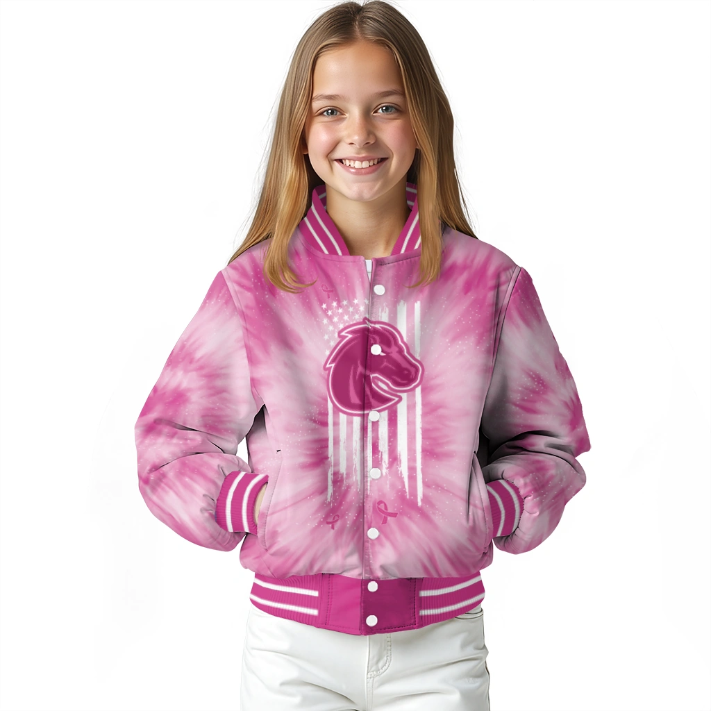 personalized boise state broncos pink tie dye pink varsity jacket top rated personalized boise state broncos pink tie dye pink varsity jacket top rated