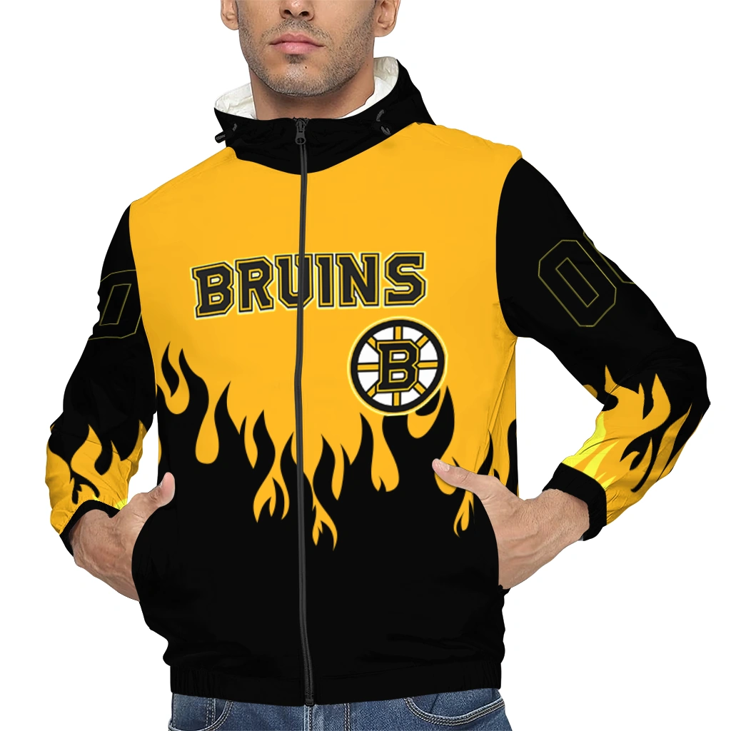personalized boston bruins flame trim gold black windbreaker jacket top rated personalized boston bruins flame trim gold black windbreaker jacket top rated