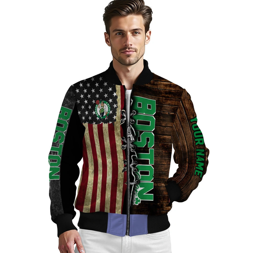 personalized boston celtics flag wood brown bomber jacket high quality personalized boston celtics flag wood brown bomber jacket high quality