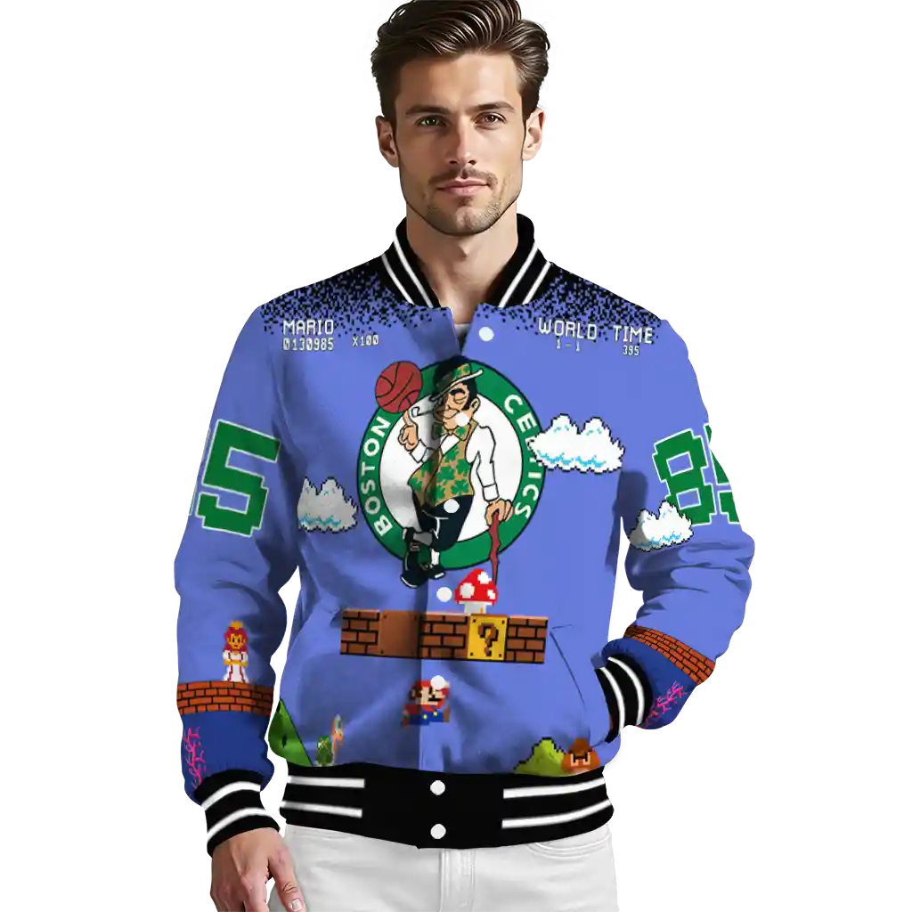 personalized boston celtics mario blocks blue black varsity jacket high quality personalized boston celtics mario blocks blue black varsity jacket high quality