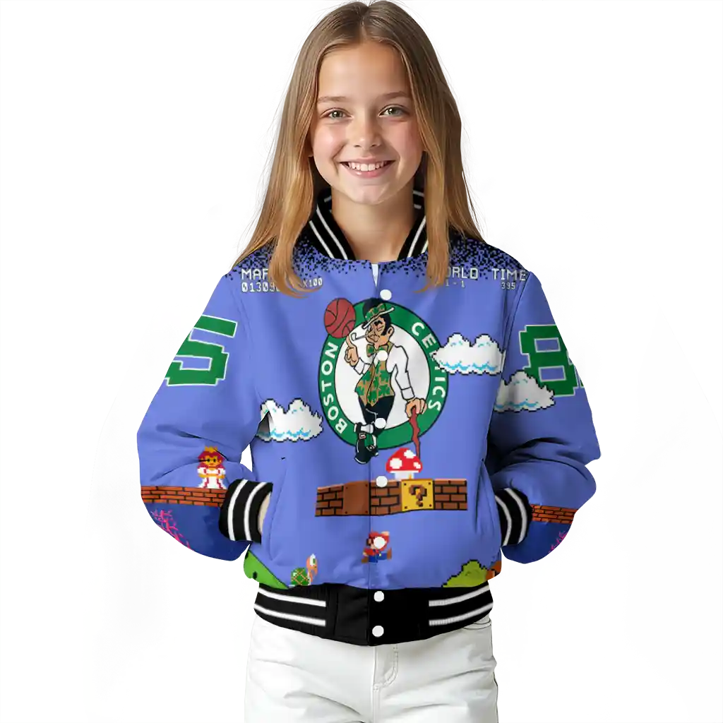 personalized boston celtics mario blocks blue black varsity jacket top rated personalized boston celtics mario blocks blue black varsity jacket top rated