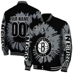 personalized brooklyn nets burst splatter black varsity jacket best selling