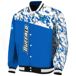 personalized buffalo bulls camouflage splash royal blue varsity jacket best selling