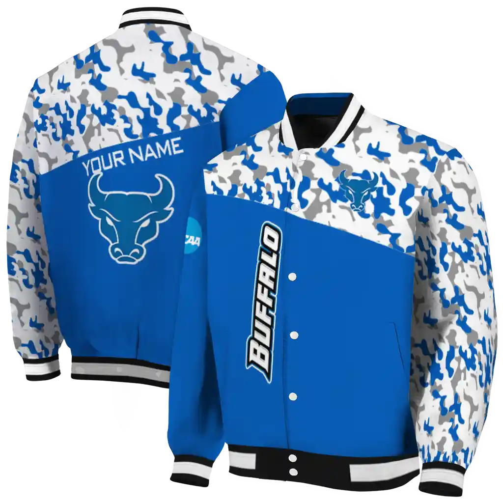 personalized buffalo bulls camouflage splash royal blue varsity jacket fashion forward personalized buffalo bulls camouflage splash royal blue varsity jacket fashion forward