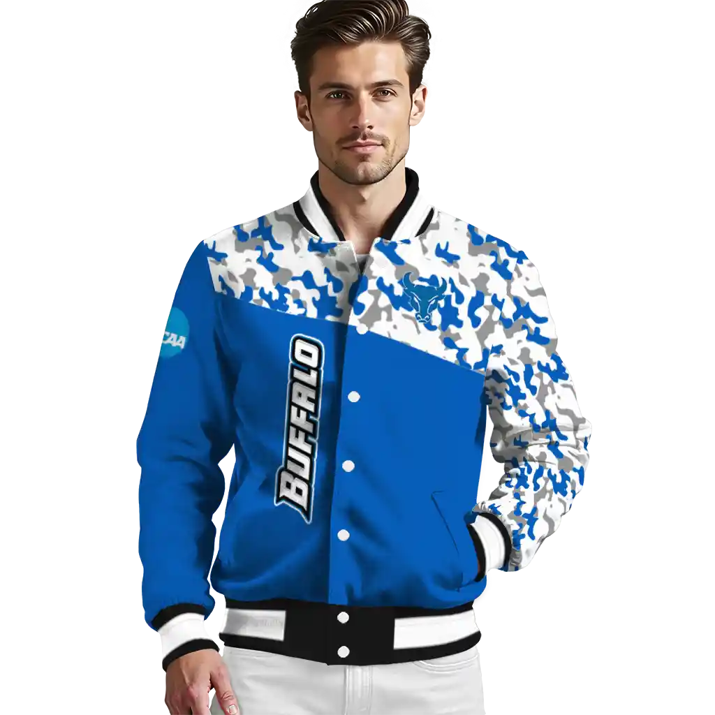 personalized buffalo bulls camouflage splash royal blue varsity jacket high quality personalized buffalo bulls camouflage splash royal blue varsity jacket high quality