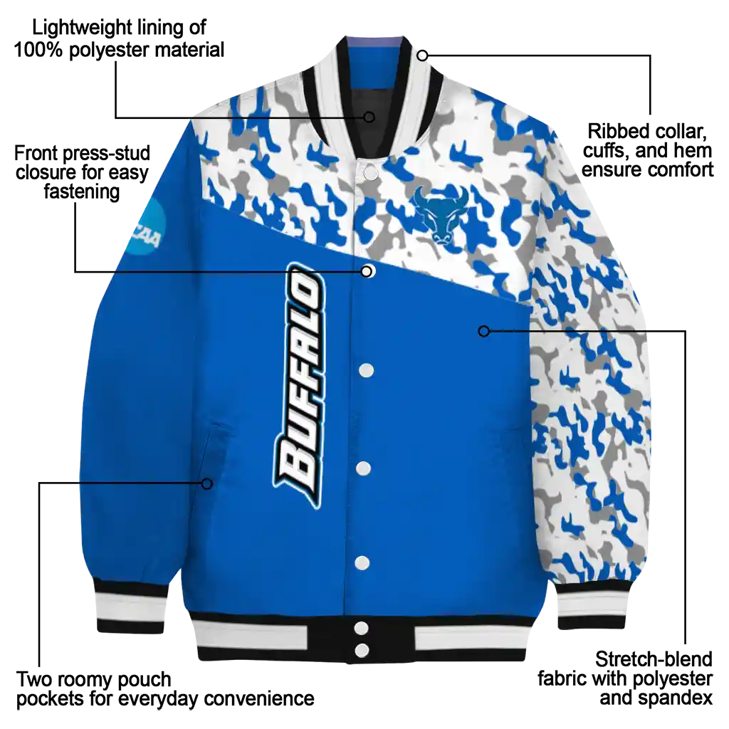 personalized buffalo bulls camouflage splash royal blue varsity jacket new arrival personalized buffalo bulls camouflage splash royal blue varsity jacket new arrival