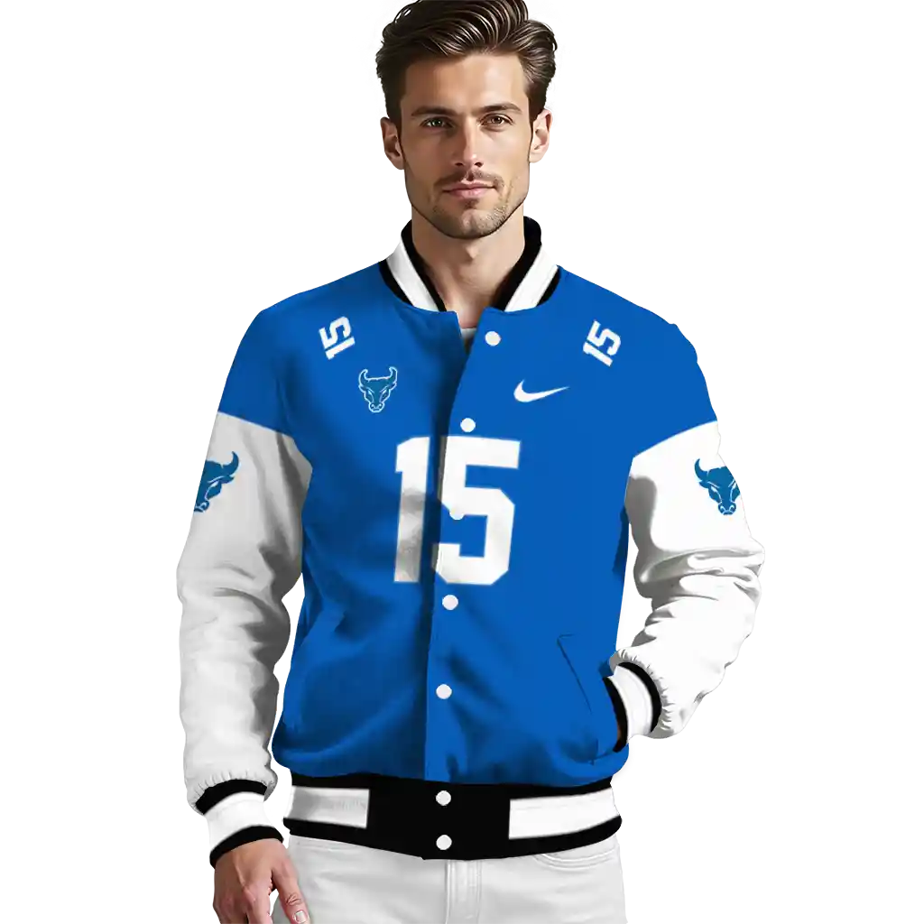 personalized buffalo bulls team patch royal blue varsity jacket high quality personalized buffalo bulls team patch royal blue varsity jacket high quality